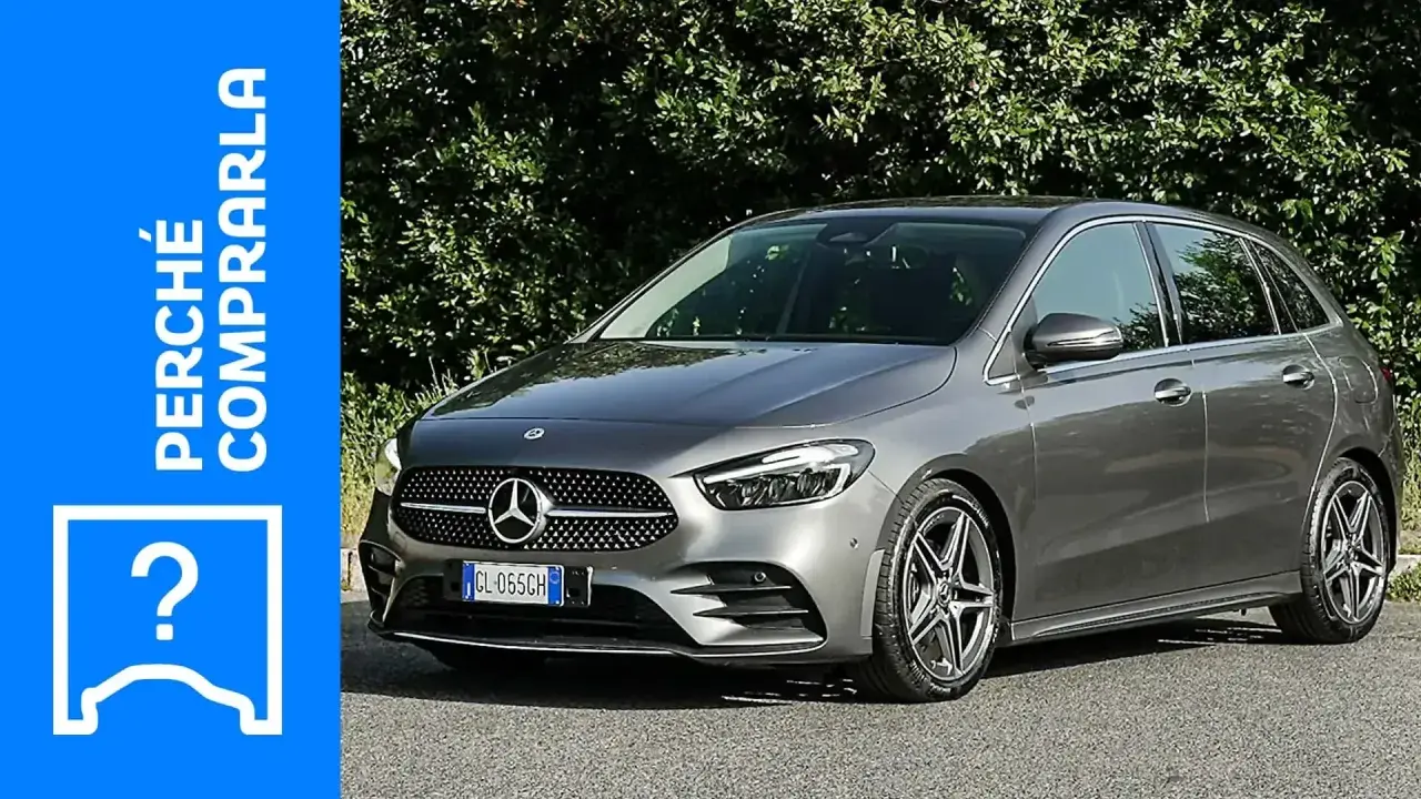 Mercedes-Benz Classe B 180 CDI grigia, con testo "Perché comprarla" e un punto interrogativo.