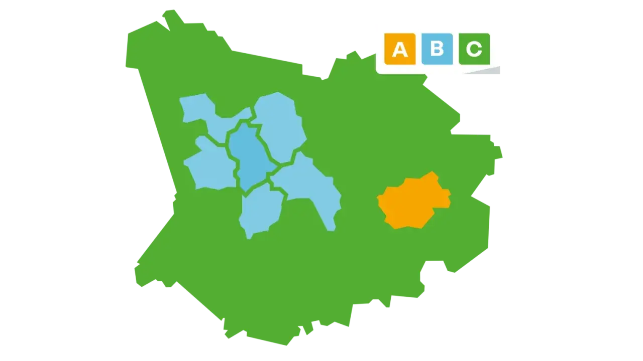 Vereinfachte Darstellung des VRR Streckennetzes mit farblich markierten Zonen.