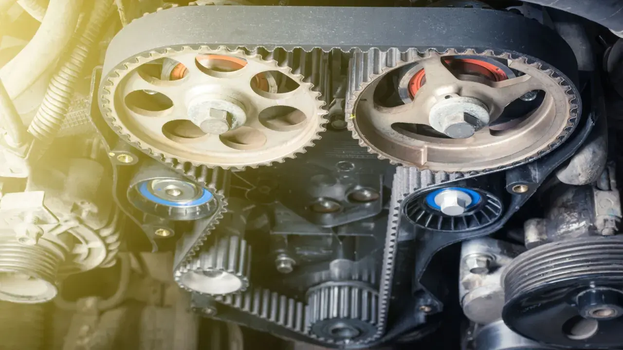 Detalle de la correa de distribución de un motor, con sus poleas y tensores. Es un componente clave que se cambia con la correa de distribución para asegurar el correcto funcionamiento del motor.