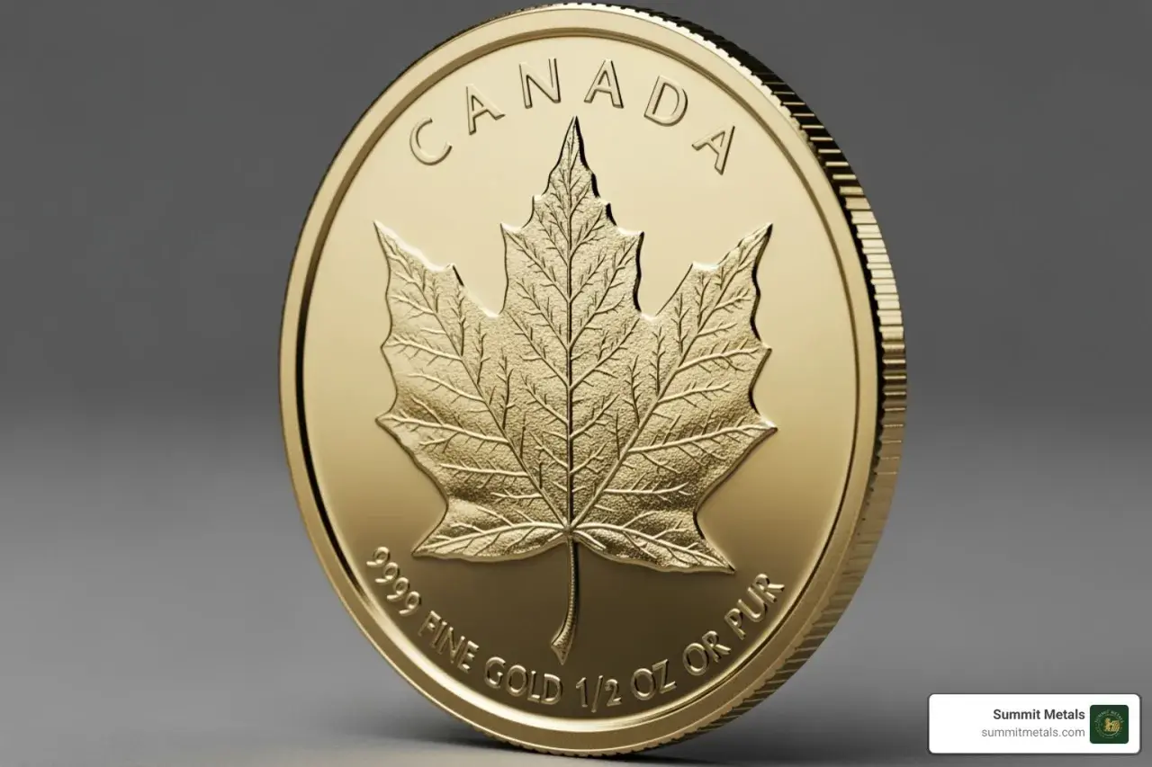 Złota moneta z wytłoczonym kanadyjskim liściem klonowym i napisem "CANADA".