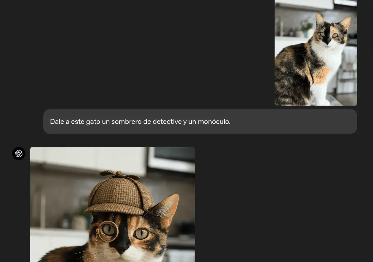 Gato atigrado con sombrero de detective y monóculo, como en las **chatgpt fotos**.