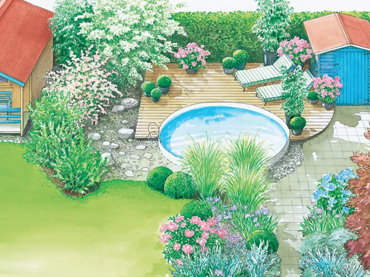 Traumhafte aufstellpool garten ideen: Ein runder Pool auf Holzdeck, Liegestühle, blühende Sträucher und ein gepflegter Rasen laden zum Entspannen ein.