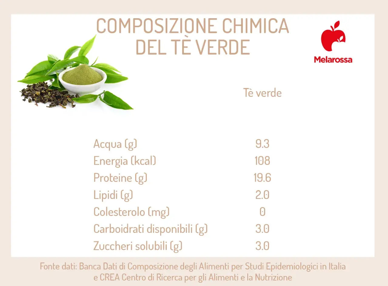 Tè verde: scopri le sue proprietà nutritive. Immagine mostra foglie e polvere di tè verde con tabella composizione chimica.