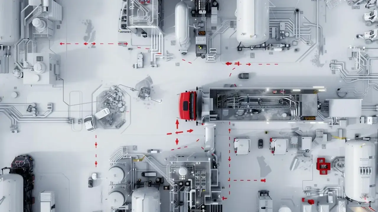 Eine rote LKW-Flotte optimiert die milk run logistics auf einem Fabrikgelände mit komplexen Rohrleitungen und Behältern.