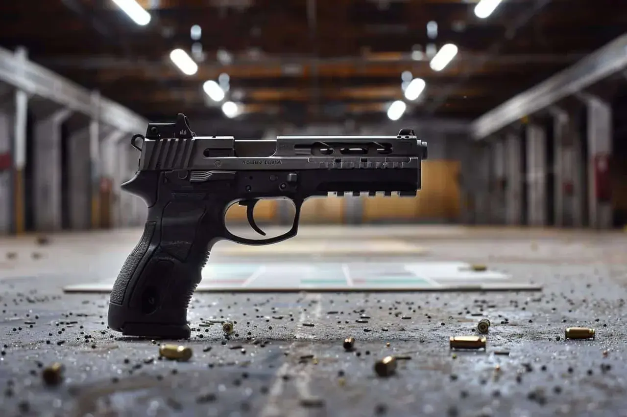 Pistolet moderne, idéal pour le tir sportif avec licence. Des douilles jonchent le sol d'un stand de tir.