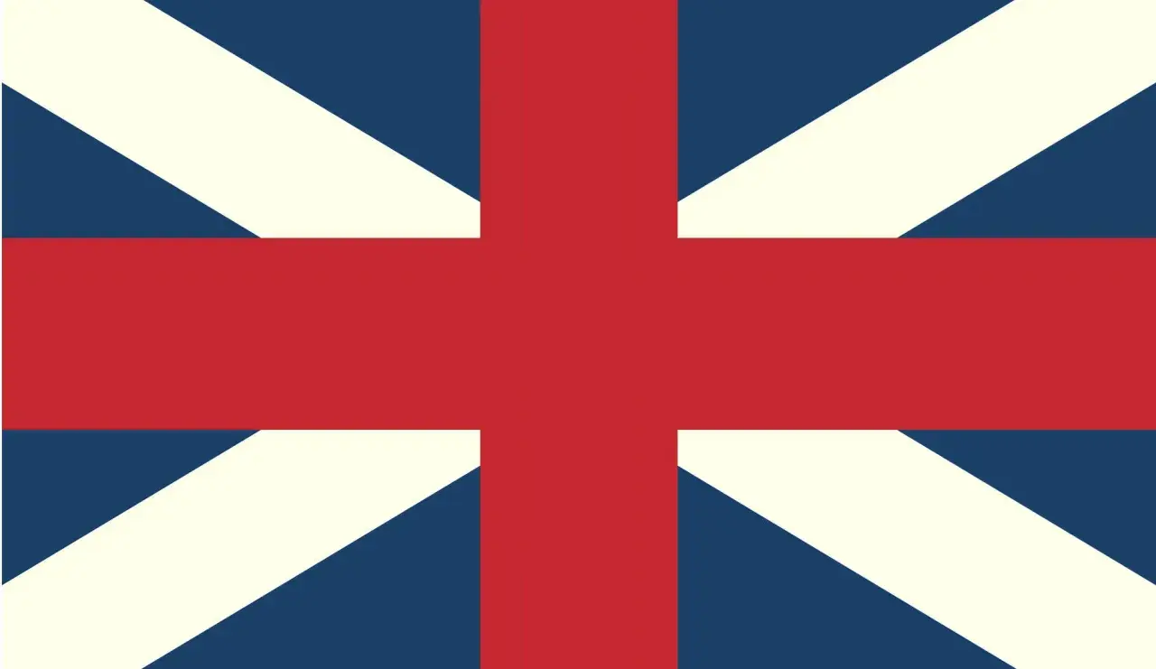 Flaga Anglii, znana również jako Union Jack, z czerwonym krzyżem św. Jerzego na białym tle, otoczonym ukośnymi czerwonymi i białymi pasami na niebieskim tle.