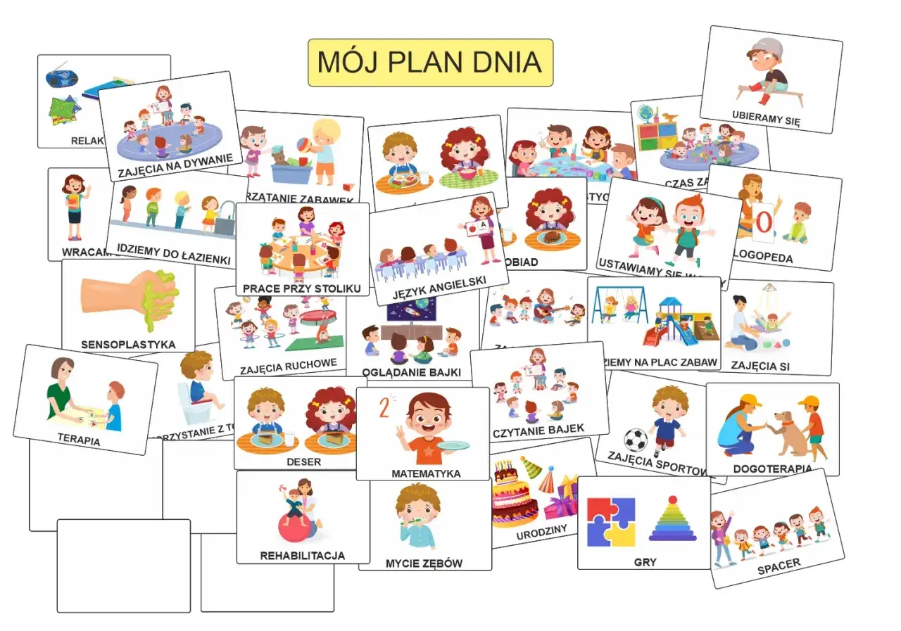 Kolorowy plan dnia przedszkolaka: relaks, zajęcia na dywanie, prace przy stoliku, język angielski, obiad, zabawy na placu zabaw, dogoterapia i wiele innych aktywności.