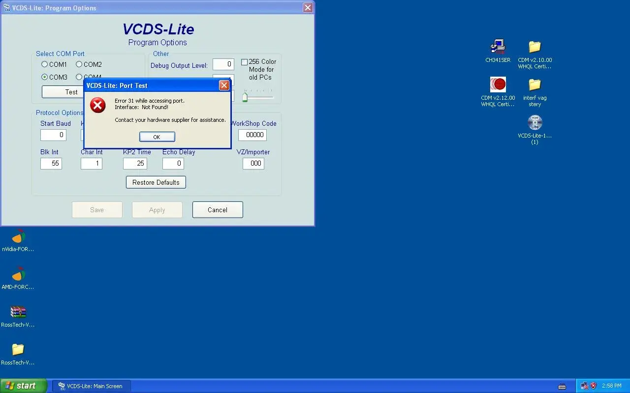 Błąd interfejsu w VCDS-Lite. Program VCDS-Lite wyświetla komunikat o błędzie 31 podczas testowania portu, sugerując kontakt z dostawcą sprzętu.