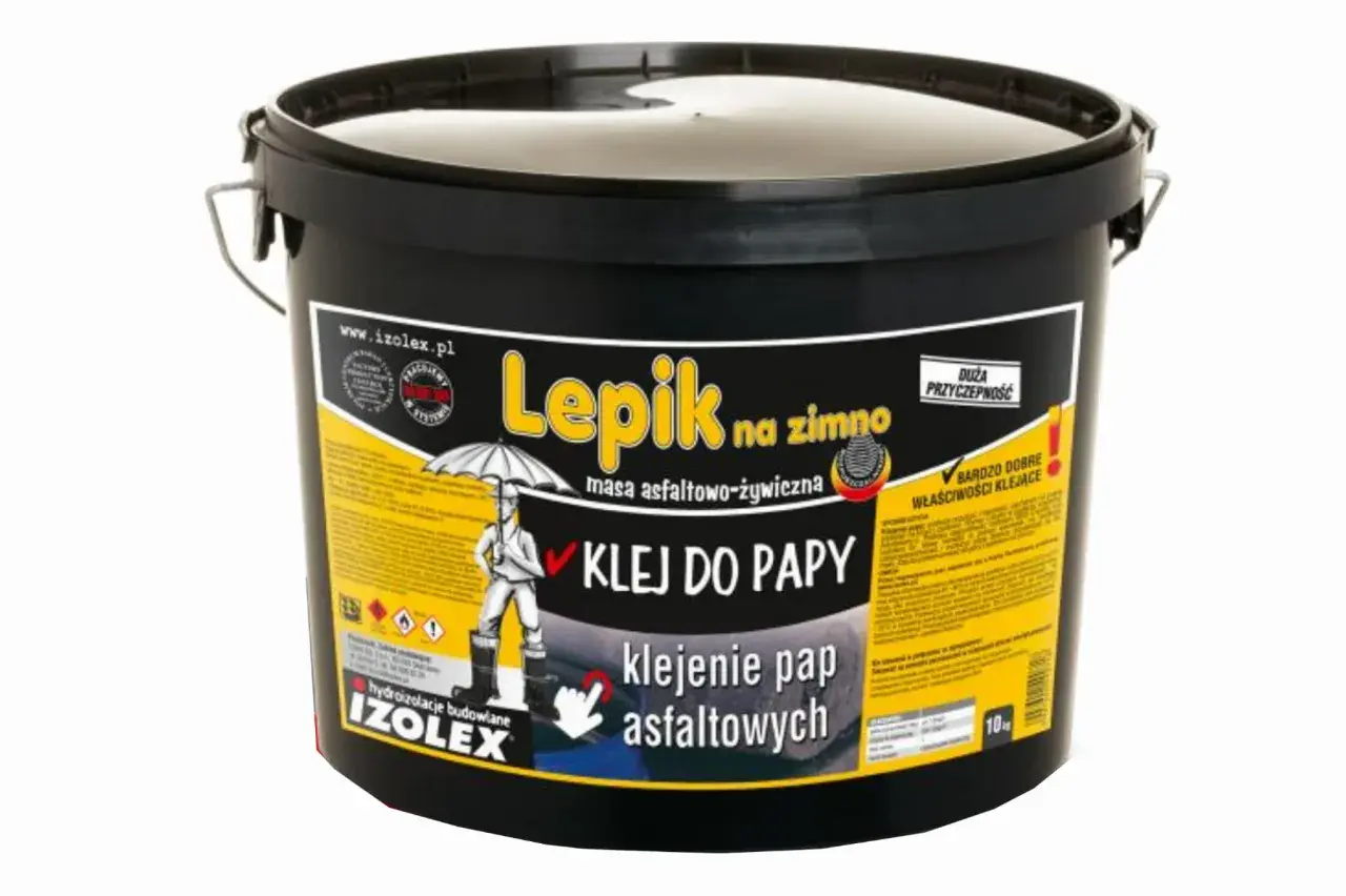 Czarny kubeł z masą asfaltowo-żywiczna IZOLEX Lepik na zimno. Idealny do klejenia pap, czym rozcieńczyć lepik na zimno? Sprawdź etykietę!