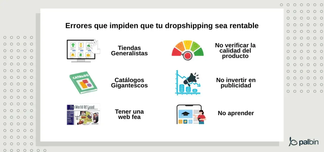Errores comunes en dropshipping: tiendas generalistas, catálogos gigantes, web fea, no verificar calidad, no invertir en publicidad, no aprender. Así se evita que tu negocio sea rentable.