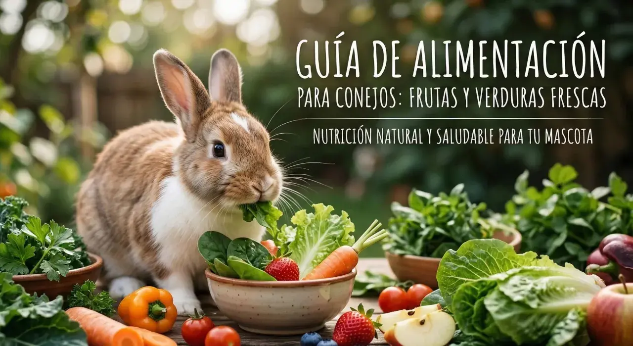 Conejo comiendo lechuga, rodeado de una tabla de alimentos para conejos: zanahorias, fresas, pimientos y más.