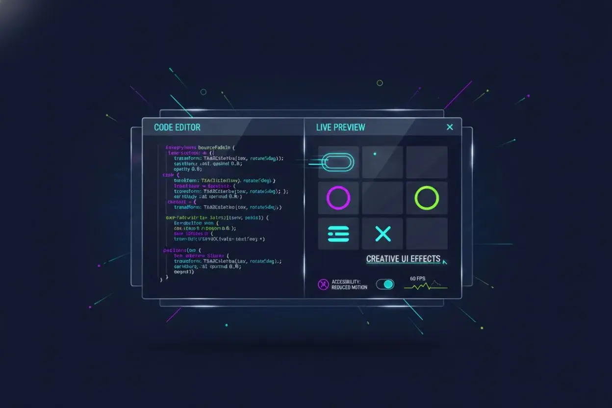 Éditeur de code affichant des animations CSS, avec un aperçu en direct d'effets d'interface créatifs. Le mot-clé `css will-change` est implicite dans l'optimisation des animations.