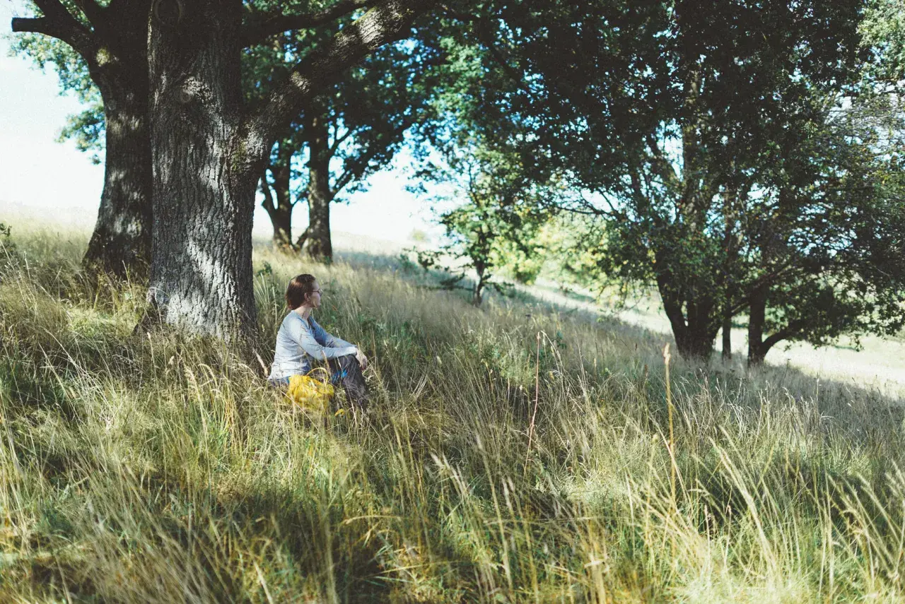 En person sitter i gräset under ett träd. Kanske en paus för att bajsa i skogen.