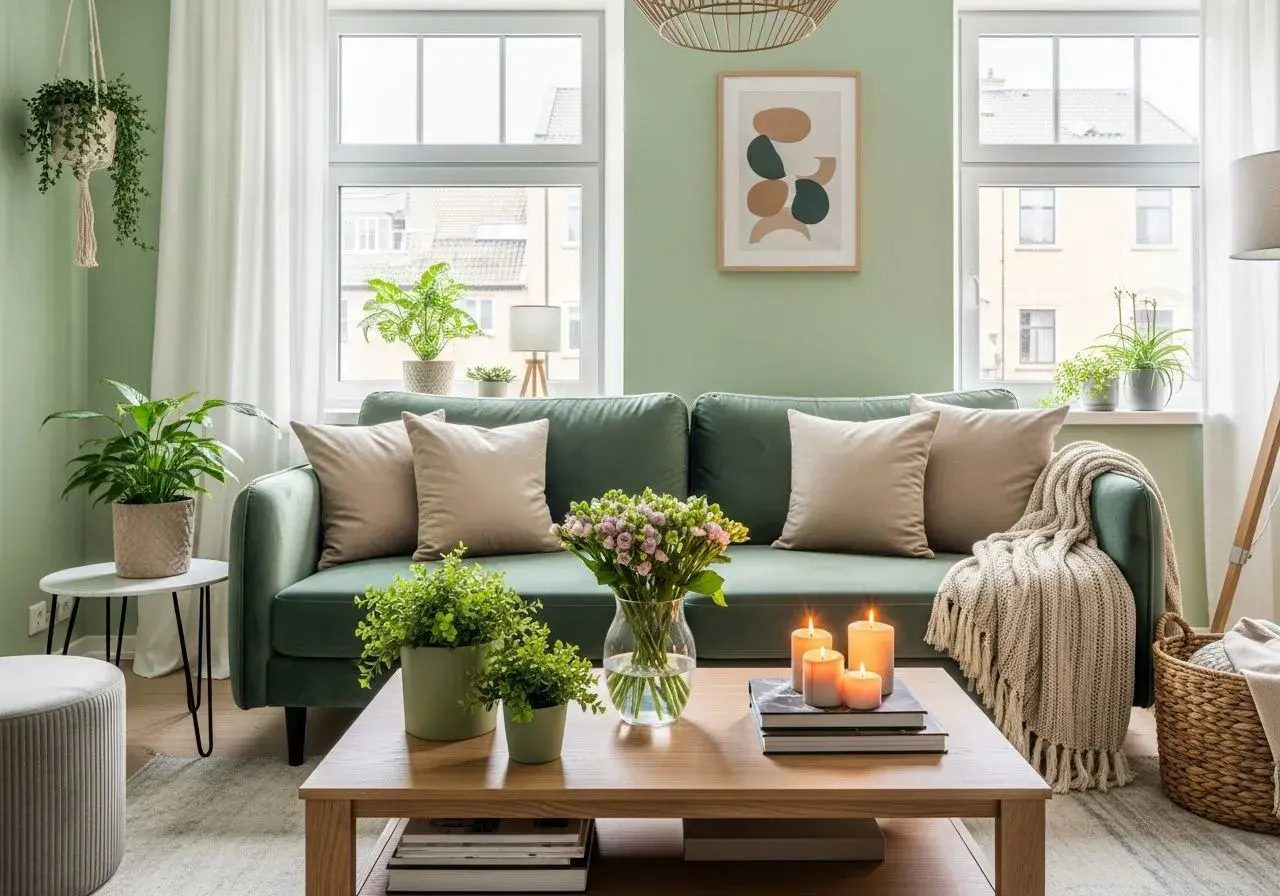 Zielona sofa w salonie, ściany w kolorze pistacjowym, jasne poduszki, bukiet kwiatów i palące się świece na stoliku.