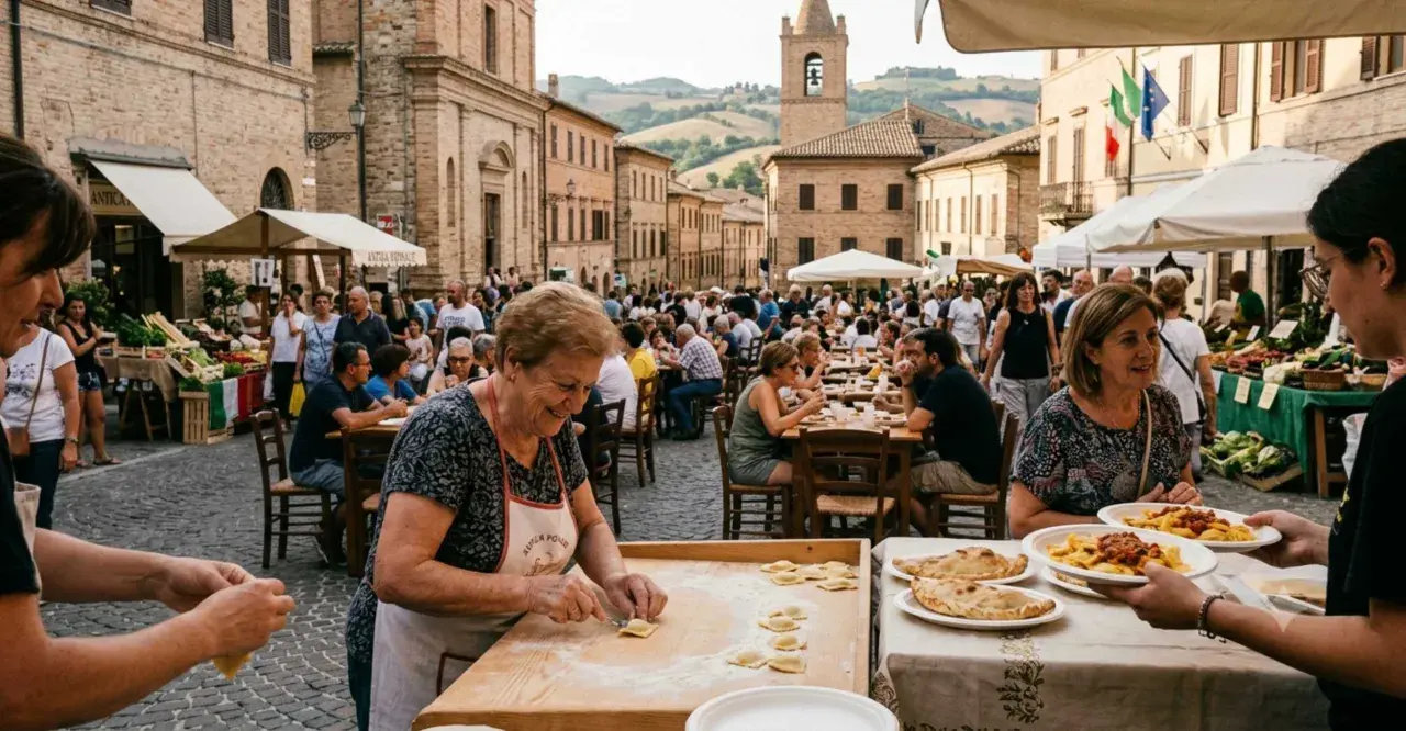 Festa di paese a Treia, Marche: gente a tavola, bancarelle di prodotti tipici e una signora che prepara ravioli.