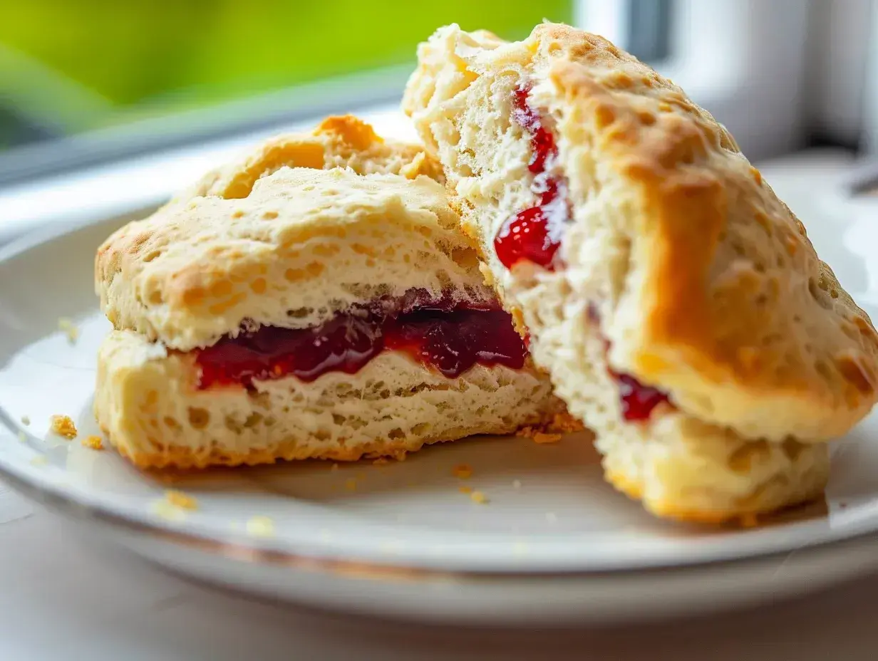 Två fluffiga scones utan filmjölk, fyllda med sylt, ligger på en vit tallrik.