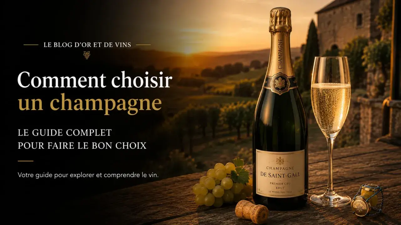 Une bouteille et un verre de champagne pétillant, prêts à être dégustés, sur fond de vignoble au coucher du soleil.