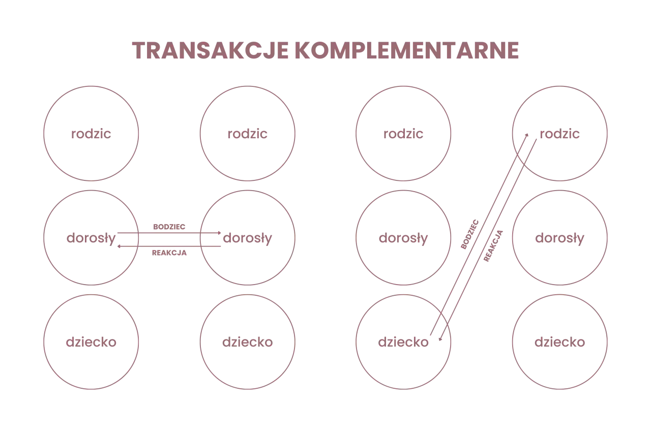 Schemat analizy transakcyjnej: transakcje komplementarne między stanami ego (rodzic, dorosły, dziecko).