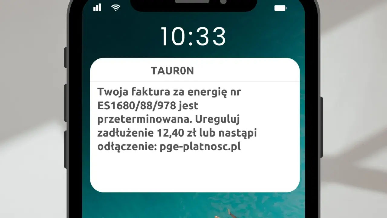 Ostrzeżenie przed smishingiem: fałszywa wiadomość od TAURON informuje o zaległej fakturze i grozi odłączeniem prądu, kierując na podejrzaną stronę.