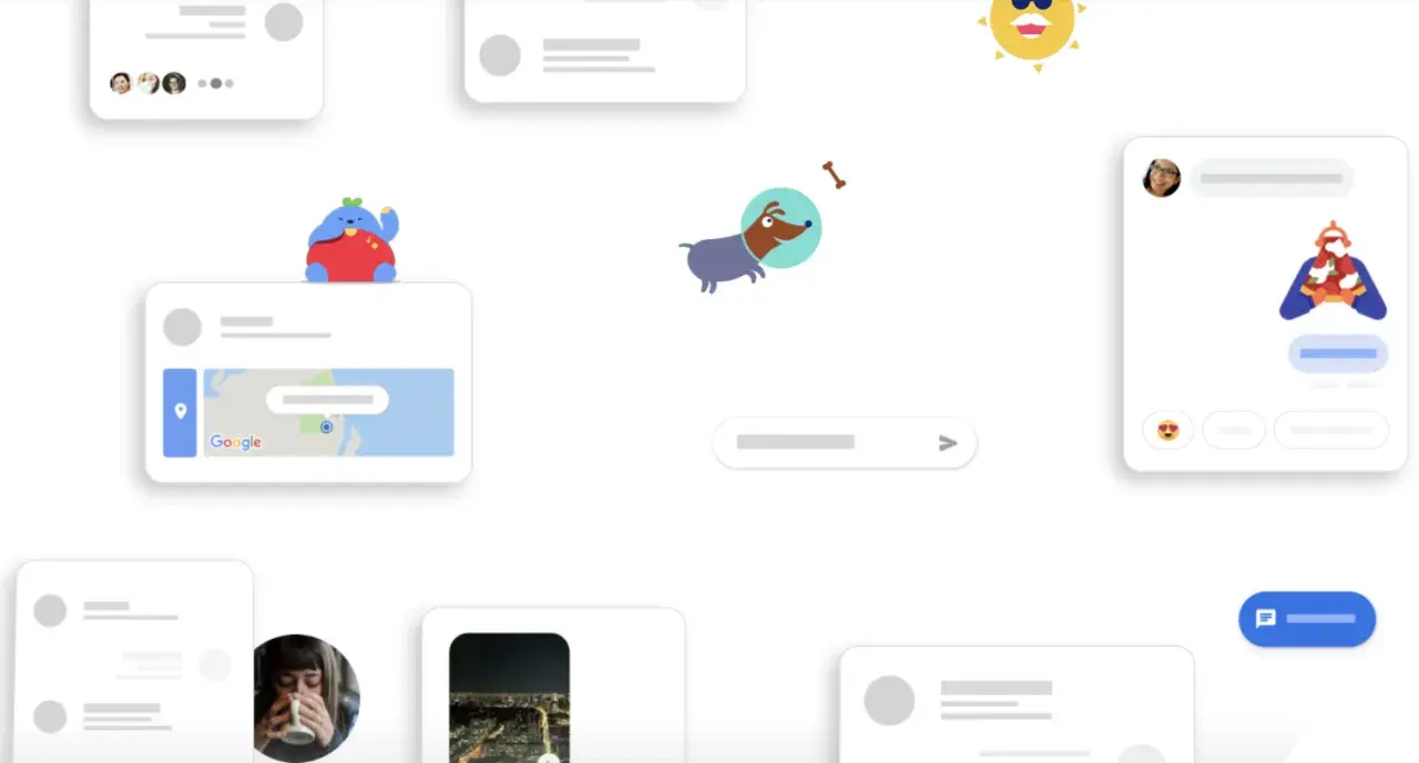 Wiadomości Google SMS: urocze postacie i ikony, mapa Google, piesek w kosmosie, słońce i okna czatu.