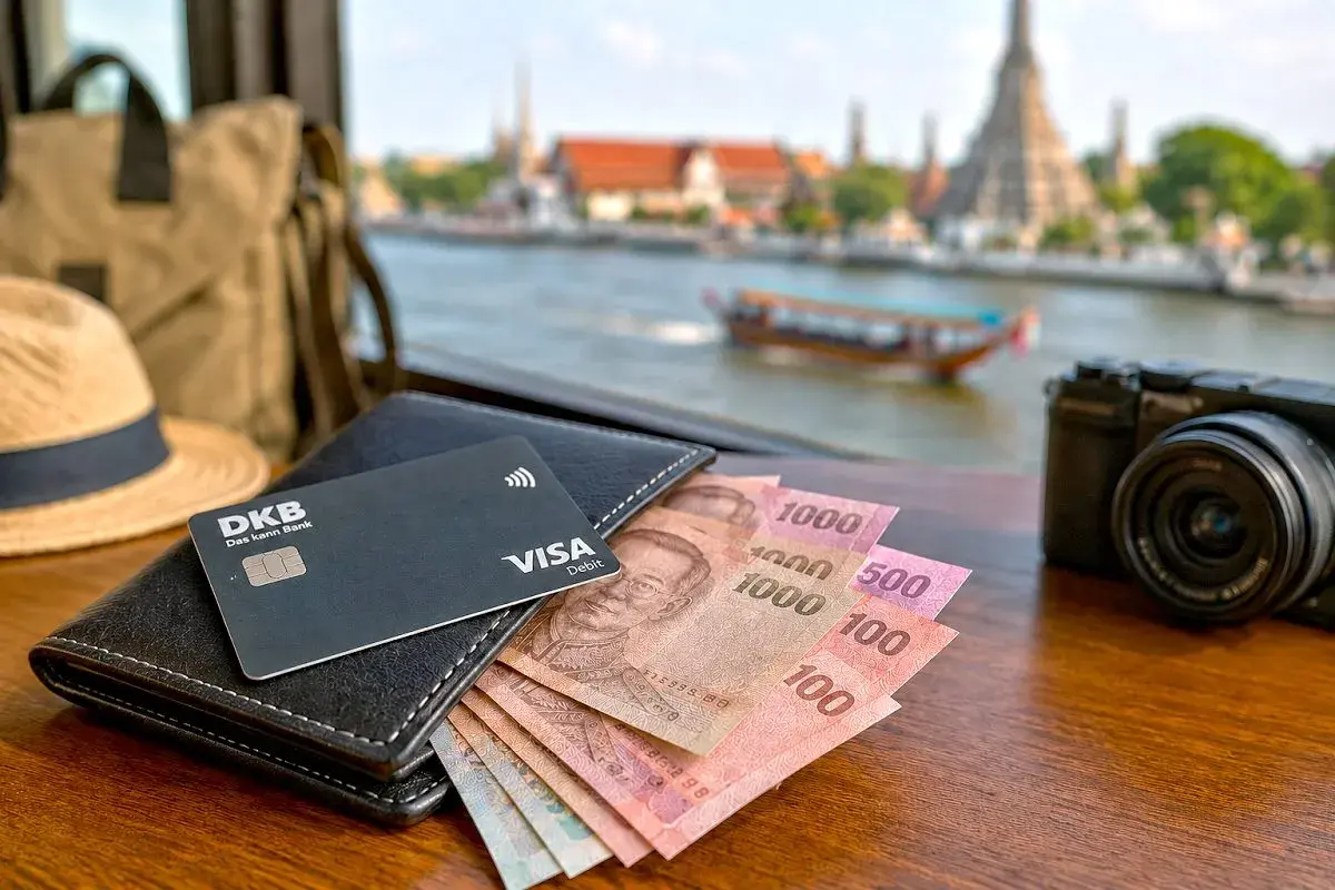 Geld wechseln in Bangkok: Thai Baht, DKB Visa Debitkarte, Hut, Tasche und Kamera liegen bereit für die Reise.