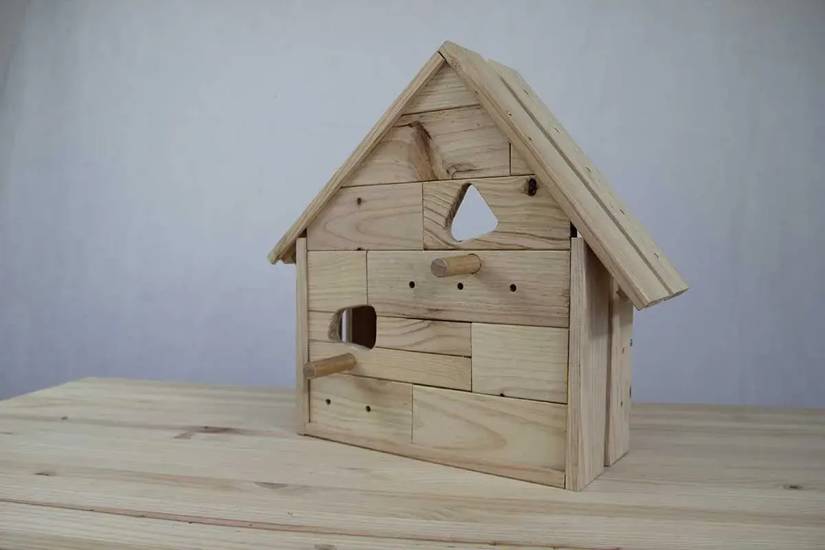 Casa de pájaros de madera, un proyecto de manualidades con entrada triangular y perchas.