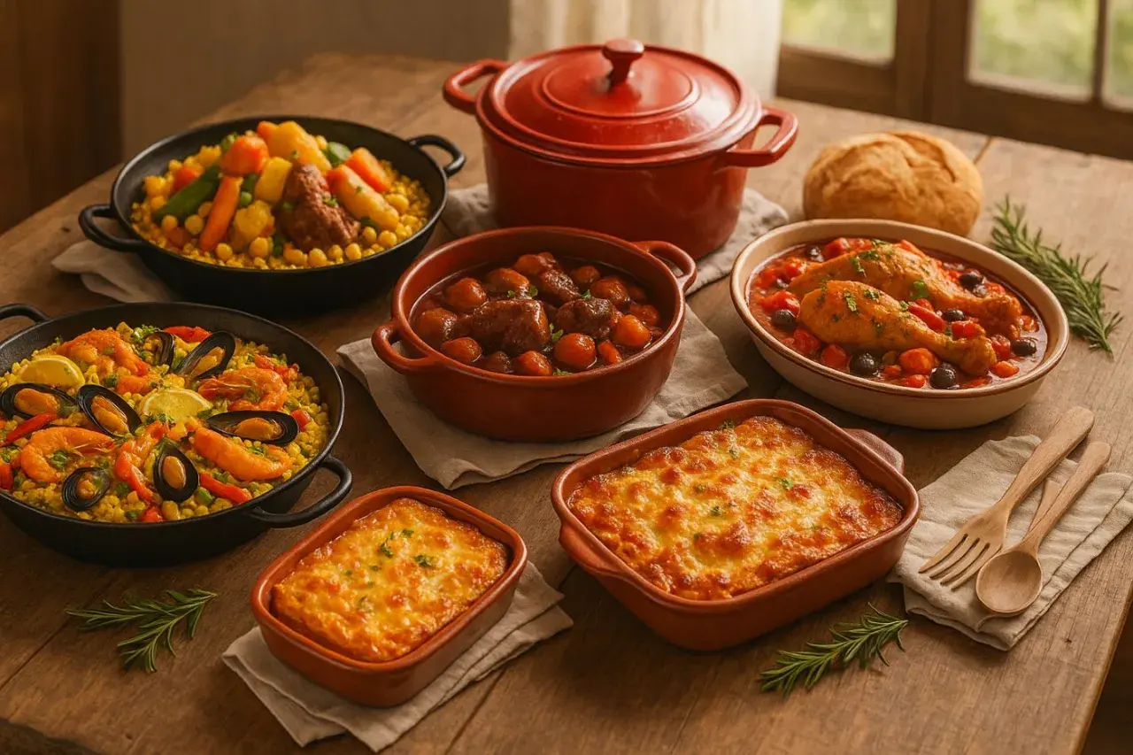 Un festin pour un mariage : paella, couscous, ragoût, poulet et gratins. Une table généreuse prête à célébrer.