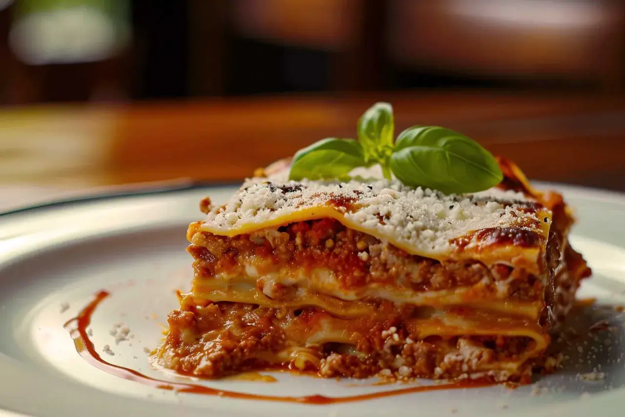 Ein Stück Lasagne al forno, mit Hackfleischsauce, Käse und Basilikum garniert.