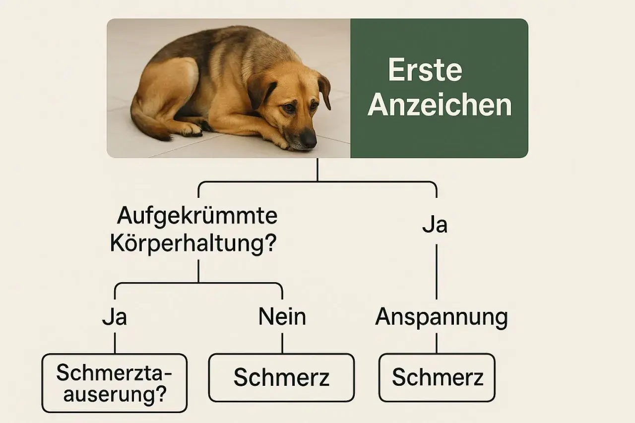 Trauriger Hund mit ersten Anzeichen von Magenproblemen: gekrümmte Haltung, Anspannung, Schmerz.