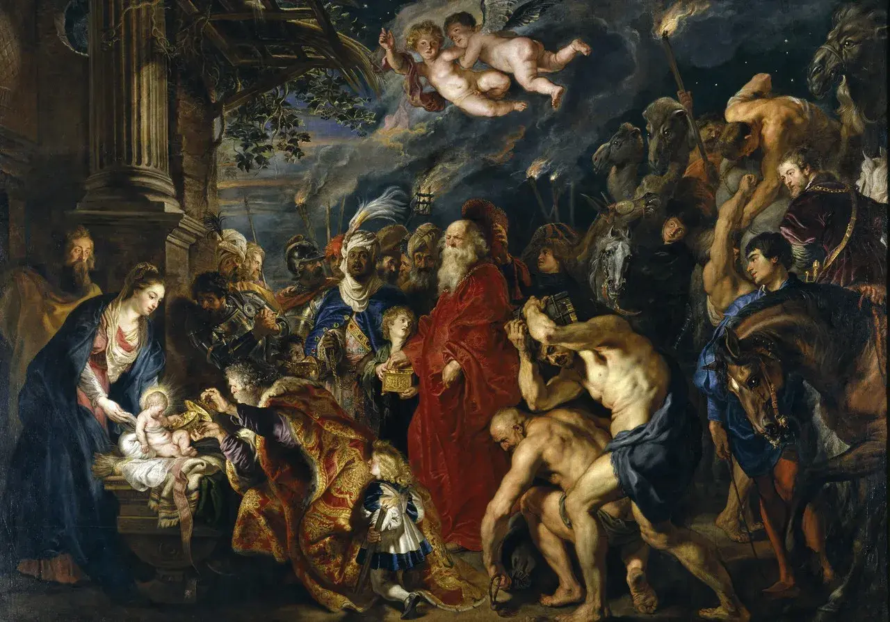 Rubens, w jednym ze swoich najsłynniejszych obrazów, ukazuje pokłon Trzech Króli. Dzieciątko Jezus, Maryja i Józef otoczeni są przez tłum ludzi i zwierząt.