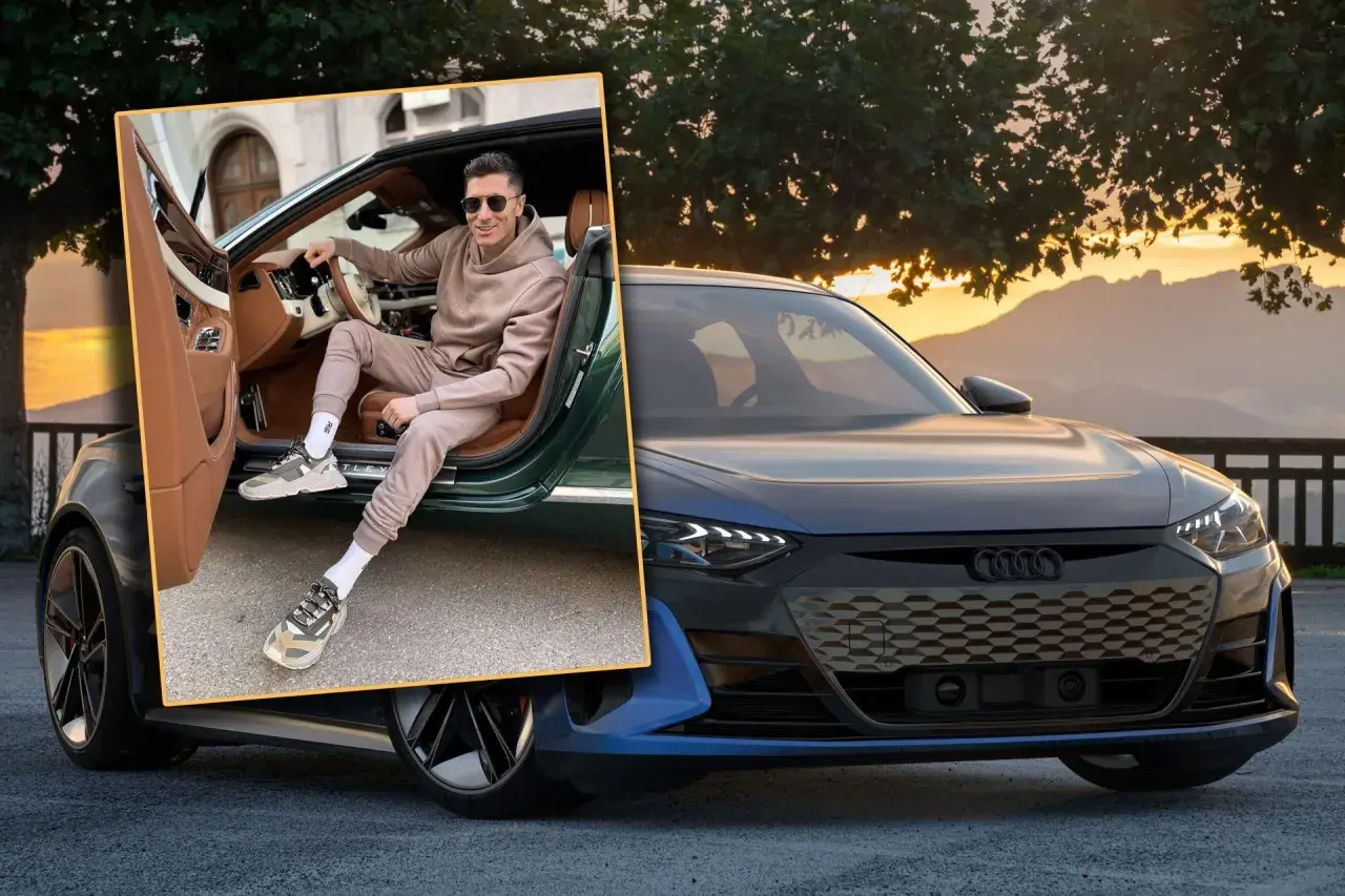 Robert Lewandowski w stylowym dresie i modnych sneakersach pozuje przy luksusowym samochodzie. To jedne z jego wymarzonych samochodów.
