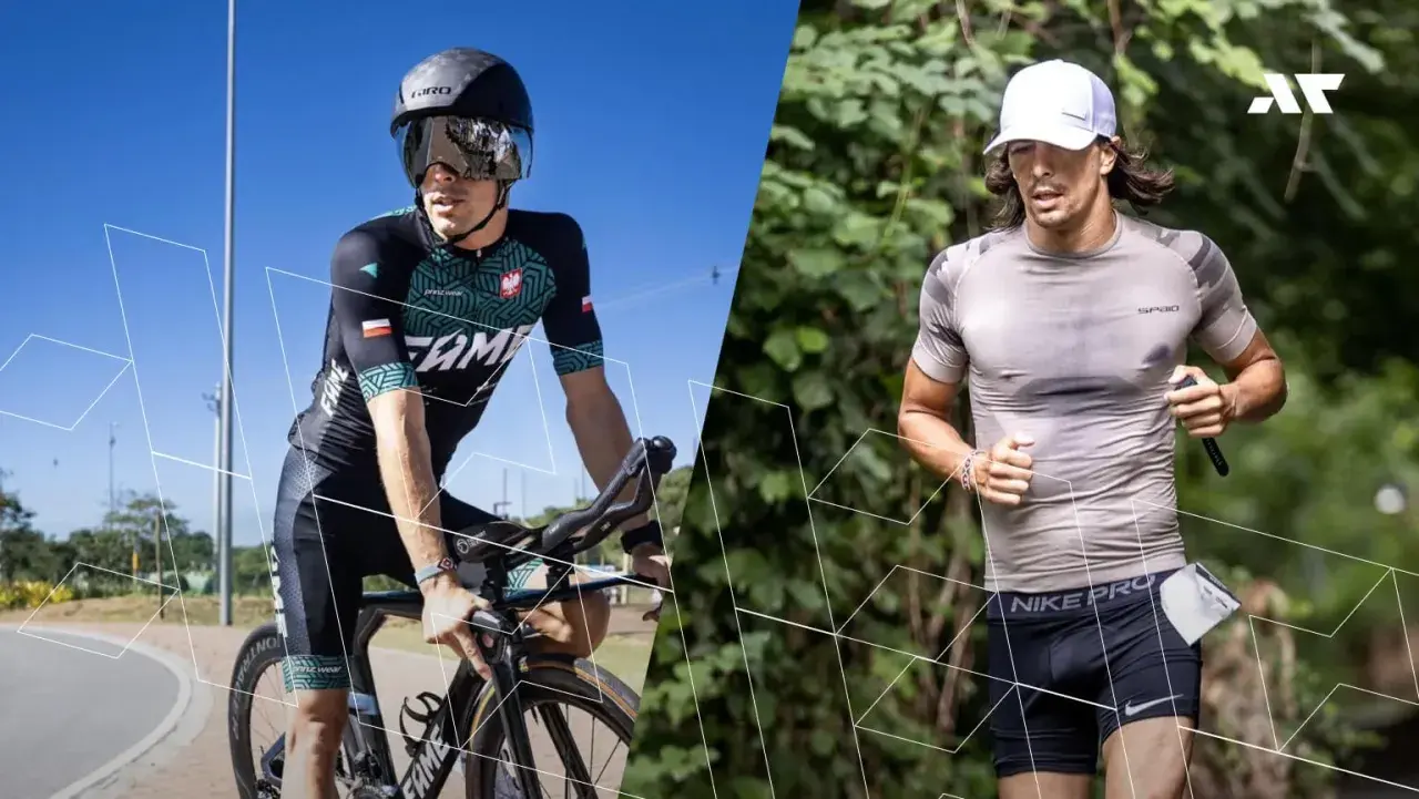 Sportowiec w stroju kolarskim i biegowym, przygotowujący się do wyzwania 10 krotny ironman.