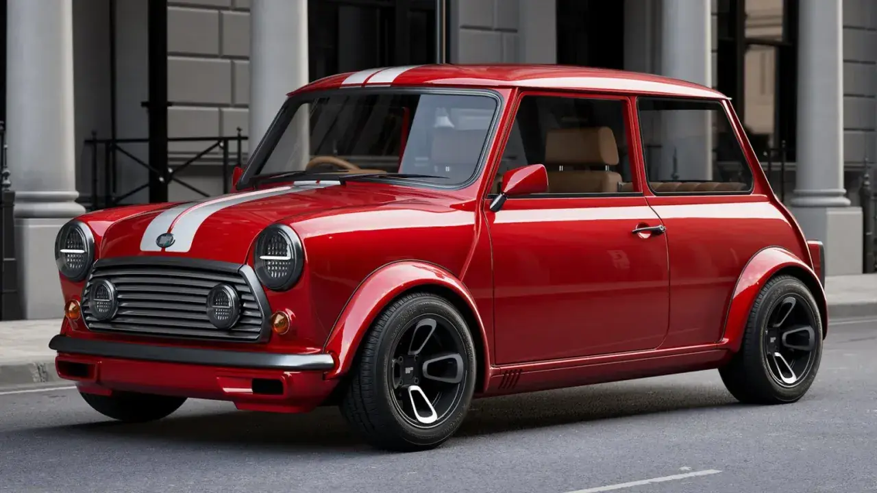 En röd Mini Cooper med vita racingränder, ser ut som en perfekt hundkoja för en liten hund.