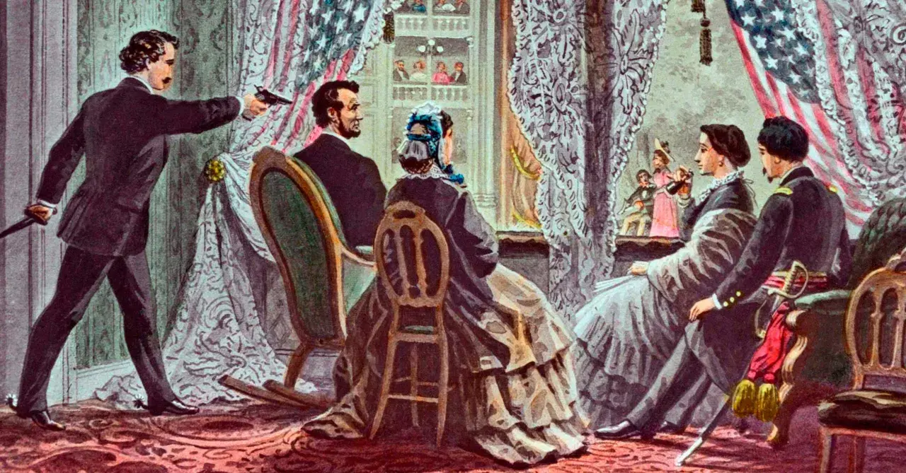 John Wilkes Booth skjuter Abraham Lincoln i teatern. Scenen visar hur dog Abraham Lincoln, en tragisk händelse i amerikansk historia.