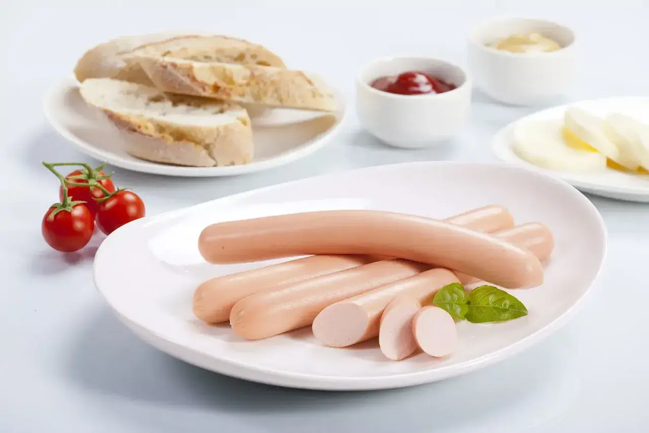 Parówki drobiowe na talerzu z pieczywem i pomidorkami. Czy cukrzyk może jeść parówki drobiowe? Odpowiedź zależy od składu i ilości.