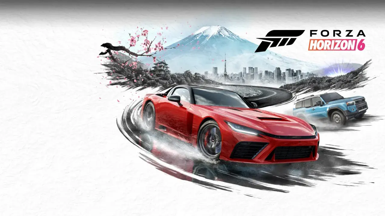 Czerwony sportowy samochód i niebieski SUV ścigają się na tle Japonii z górą Fudżi. Zapowiedź Forza Horizon 6.