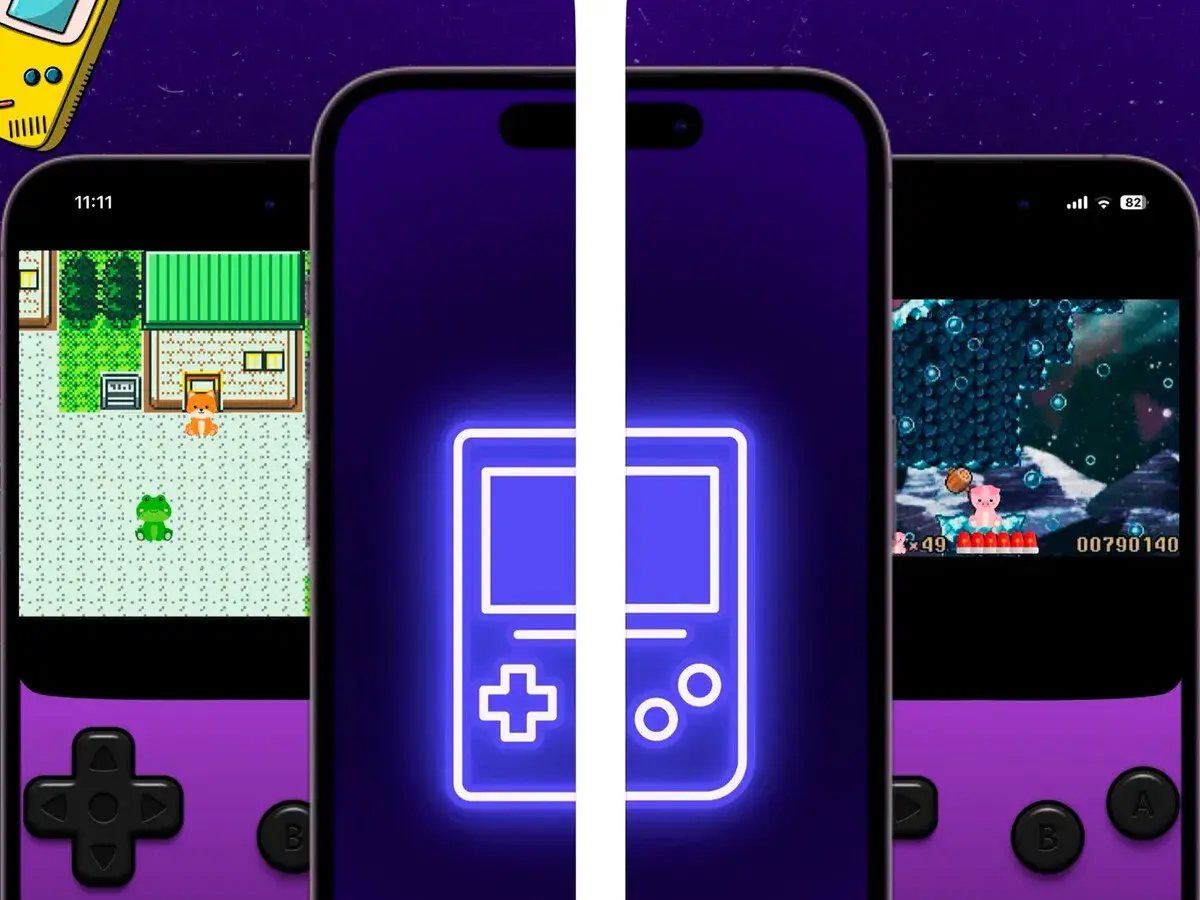 Tres teléfonos muestran juegos retro. El de la izquierda, un juego de rol con un zorro y una rana. El del medio, un icono de Game Boy. El de la derecha, un juego de plataformas con un oso rosa. El mejor emulador GBA Android para revivir estos clásicos.