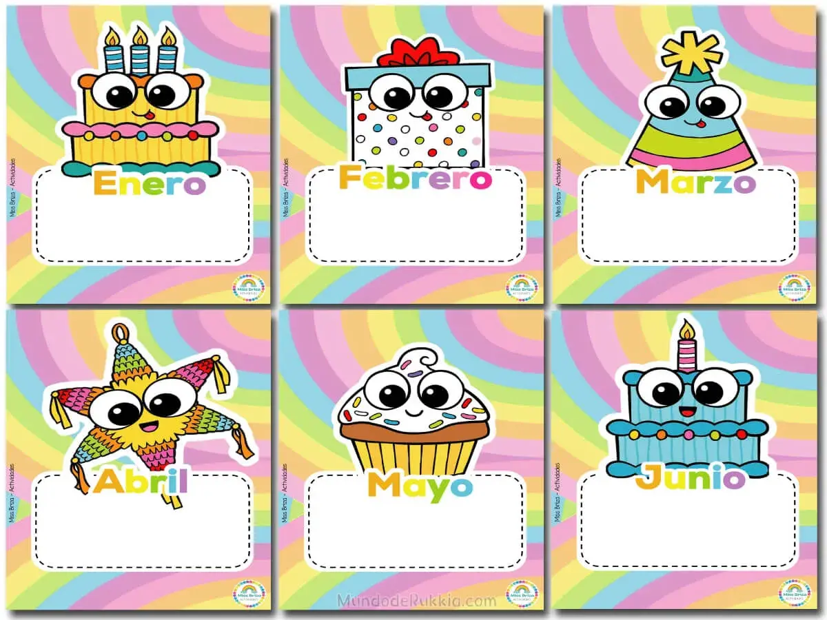 Tarjetas de los meses del año para imprimir: Enero (pastel), Febrero (regalo), Marzo (gorro), Abril (piñata), Mayo (cupcake), Junio (pastel azul).