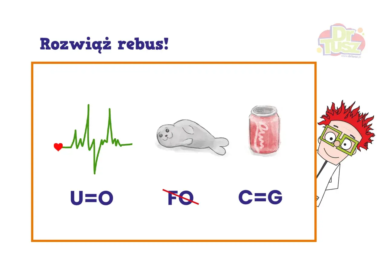 Jak zrobić rebus? Serce z EKG, foka i puszka napoju. U=O, FQ przekreślone, C=G.