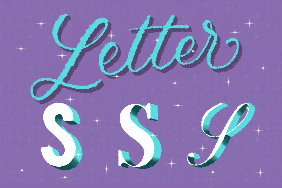 Letter S, S, S. Tres letras S en blanco y turquesa con sombras, sobre fondo morado con estrellas brillantes.