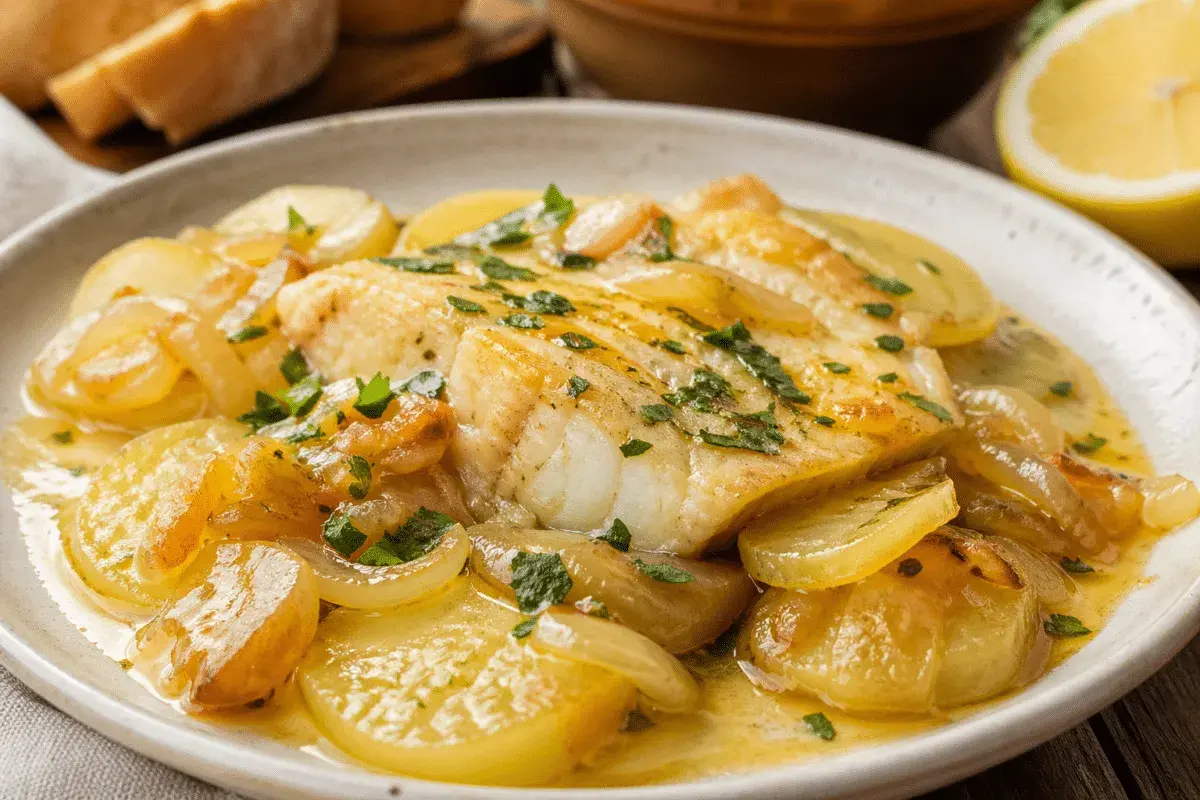 Merluza al horno jugosa con patatas panadera y cebolla caramelizada, espolvoreada con perejil fresco.