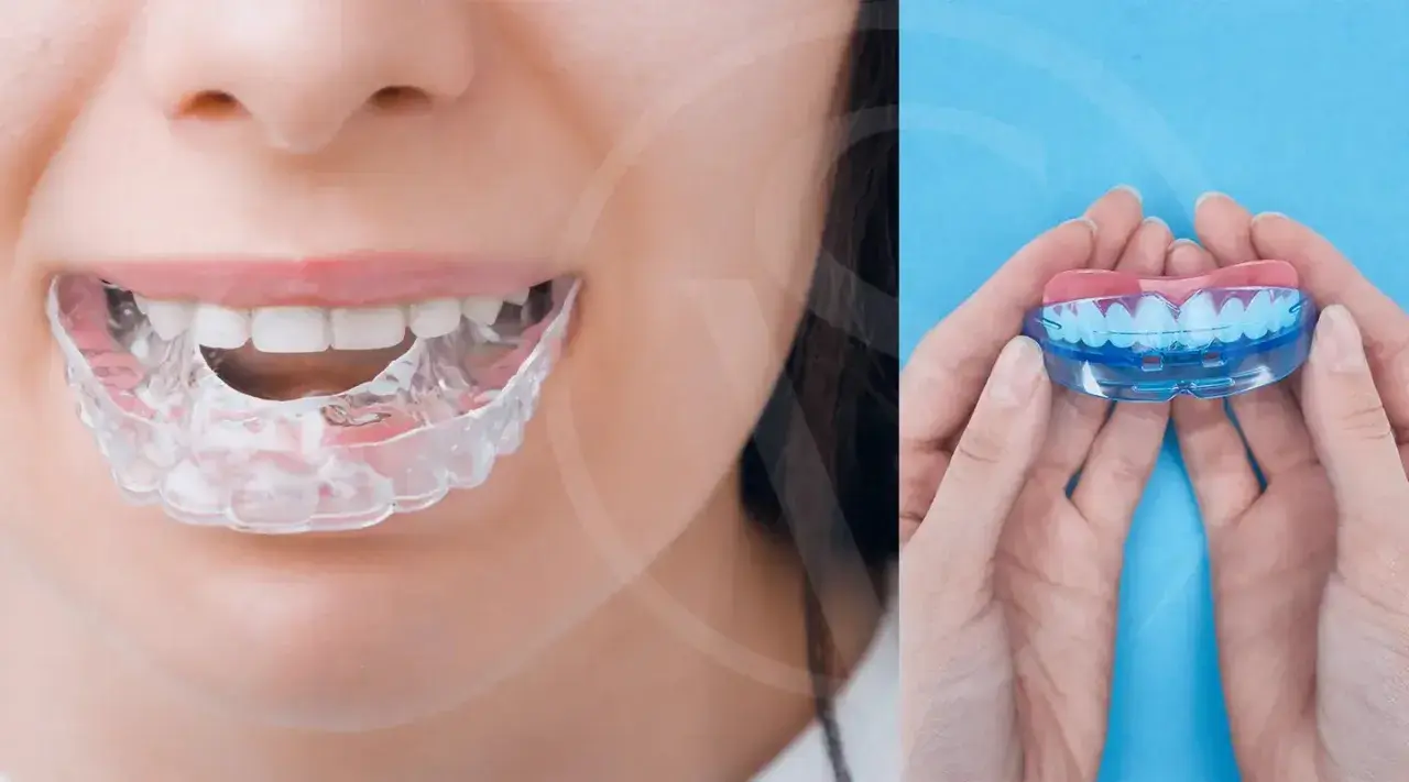 Protector bucal transparente para ayudarte como evitar el bruxismo. En manos, un protector bucal de dos piezas.