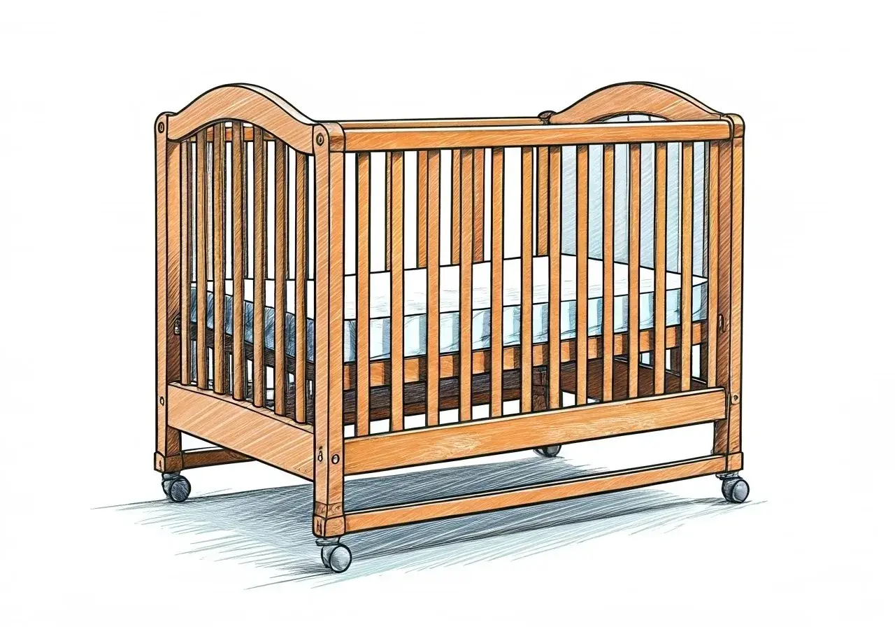 Cuna de madera con ruedas y colchón azul. Un lugar seguro para que los bebés duerman, como un "crib" en inglés.