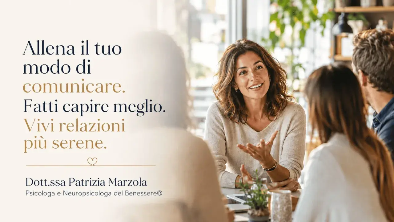 Una donna sorride mentre parla con altri, evidenziando l'importanza della comunicazione per relazioni più serene.