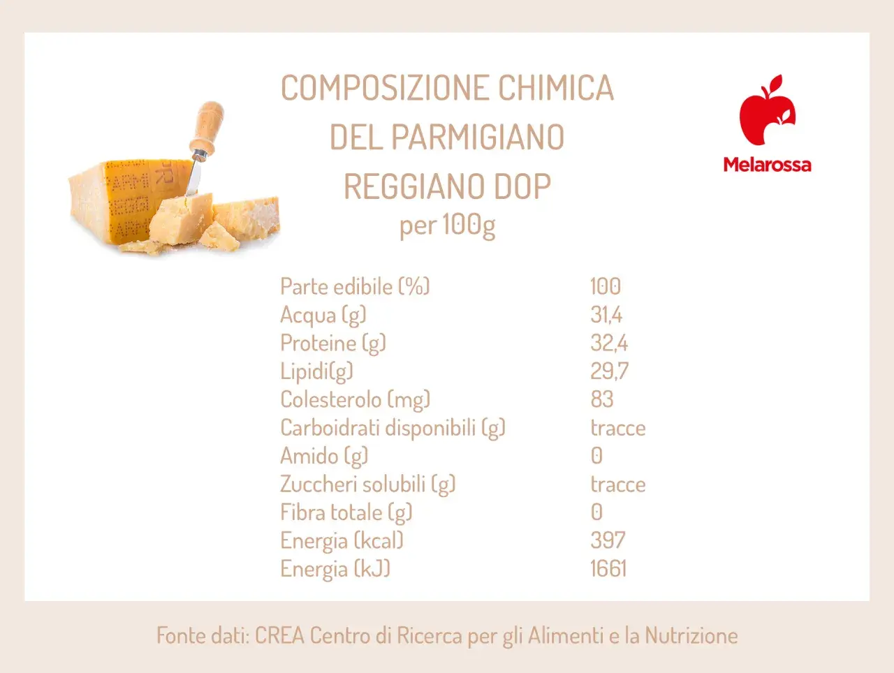 Composizione chimica del Parmigiano Reggiano DOP per 100g: 397 kcal. Dati nutrizionali completi per un alimento gustoso.