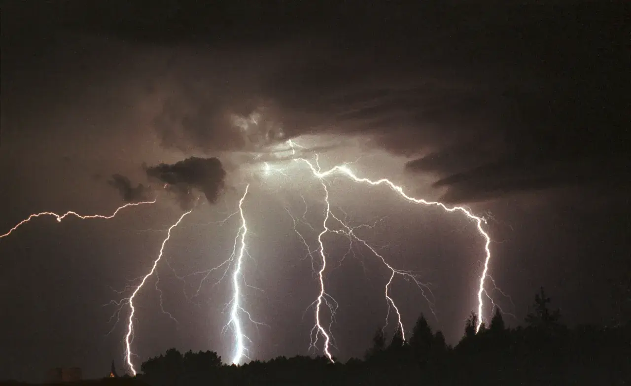 Potężne wyładowania elektryczne rozświetlają nocne niebo, ukazując, ile volt ma piorun. Burza nad horyzontem z drzewami w ciemnej sylwetce.