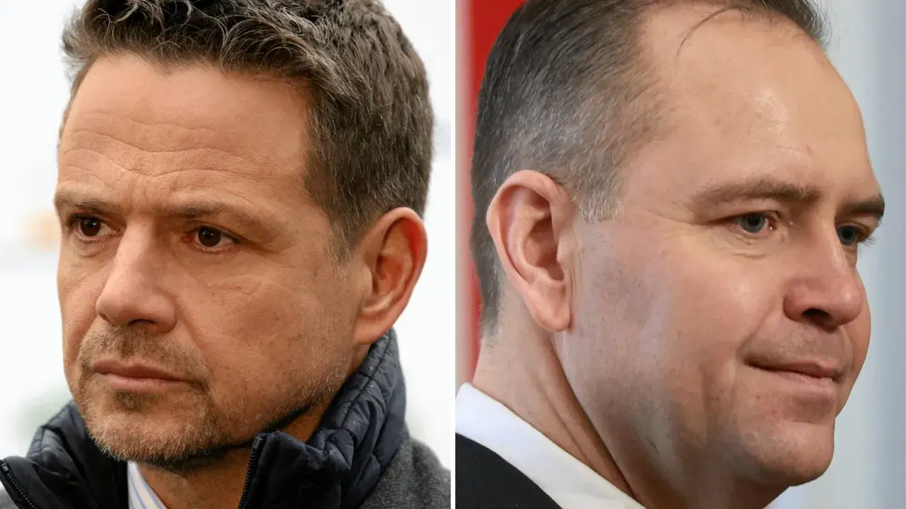 Rafał Trzaskowski, ile lat ma Trzaskowski? Dwa portrety polityków, jeden z nich to prezydent Warszawy.