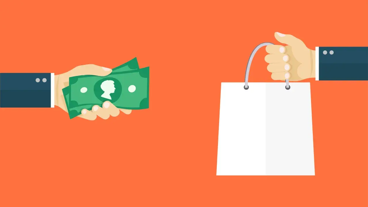 Manos intercambian dinero por una bolsa de compras. El **unique selling proposition en español** se logra al destacar el valor de la transacción.