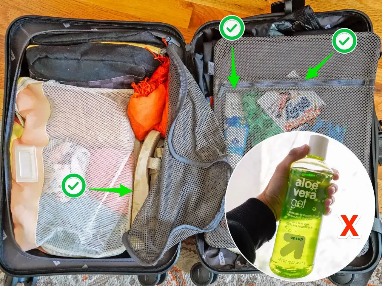 Packliste Kreuzfahrt: Koffer mit Kleidung und Kosmetik. Aloe Vera Gel ist nicht erlaubt.