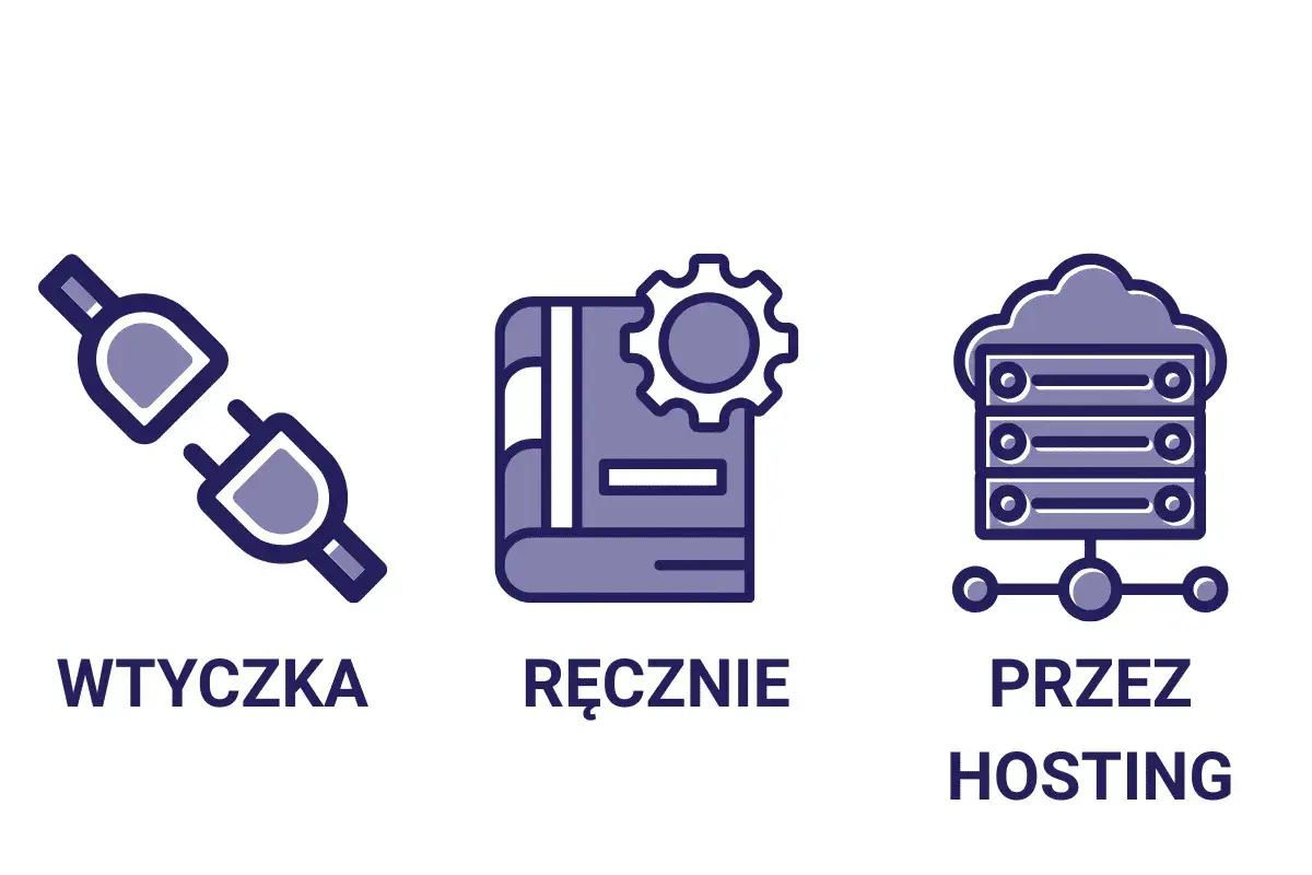 Ikony: wtyczka, książka z kołem zębatym, serwer w chmurze. Ilustrują, jak przenieść stronę WordPress na inny serwer.